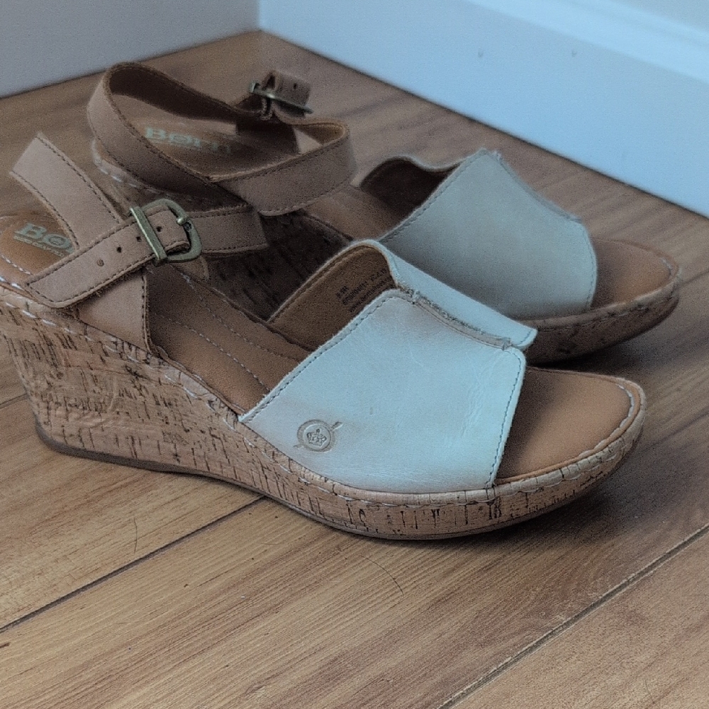 Beige and White Wedge Sandals